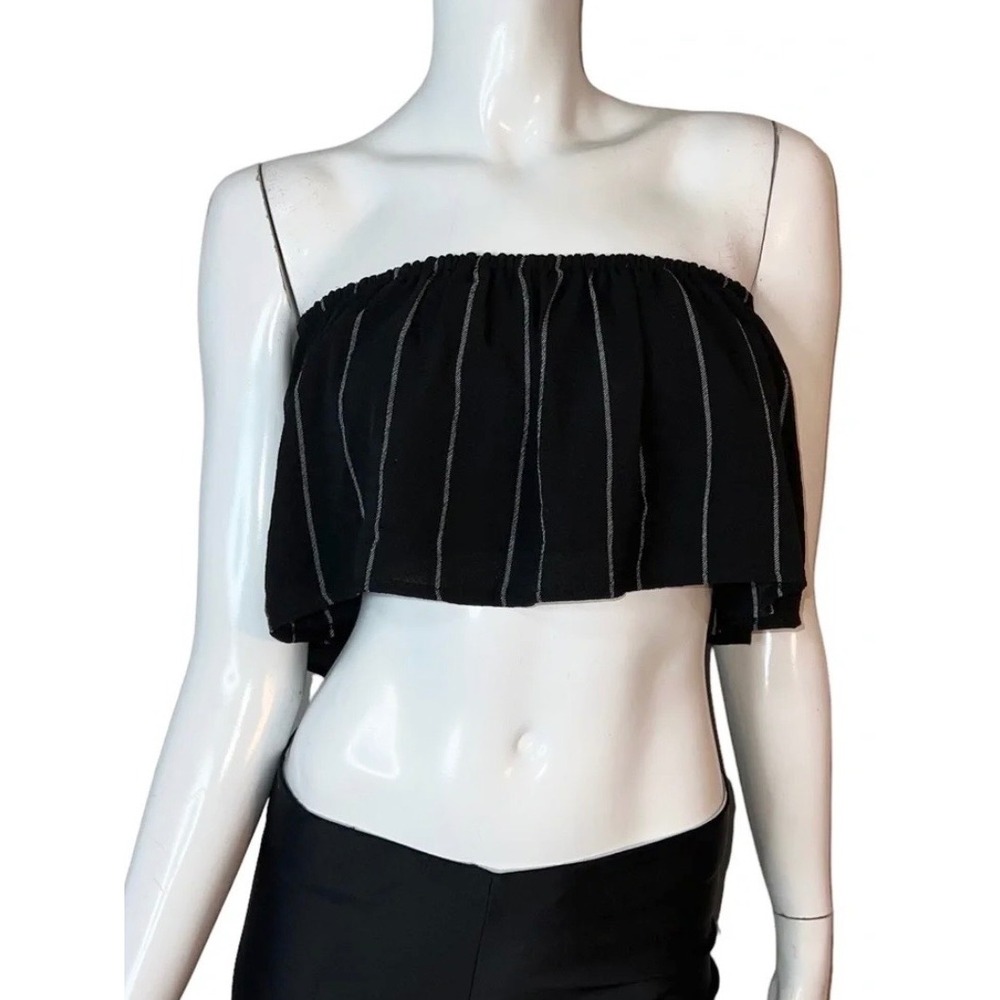 L'ATISTE by Amy Black Pinstripe Ruffle Strapless Crop Tube Top Woman's Medium'